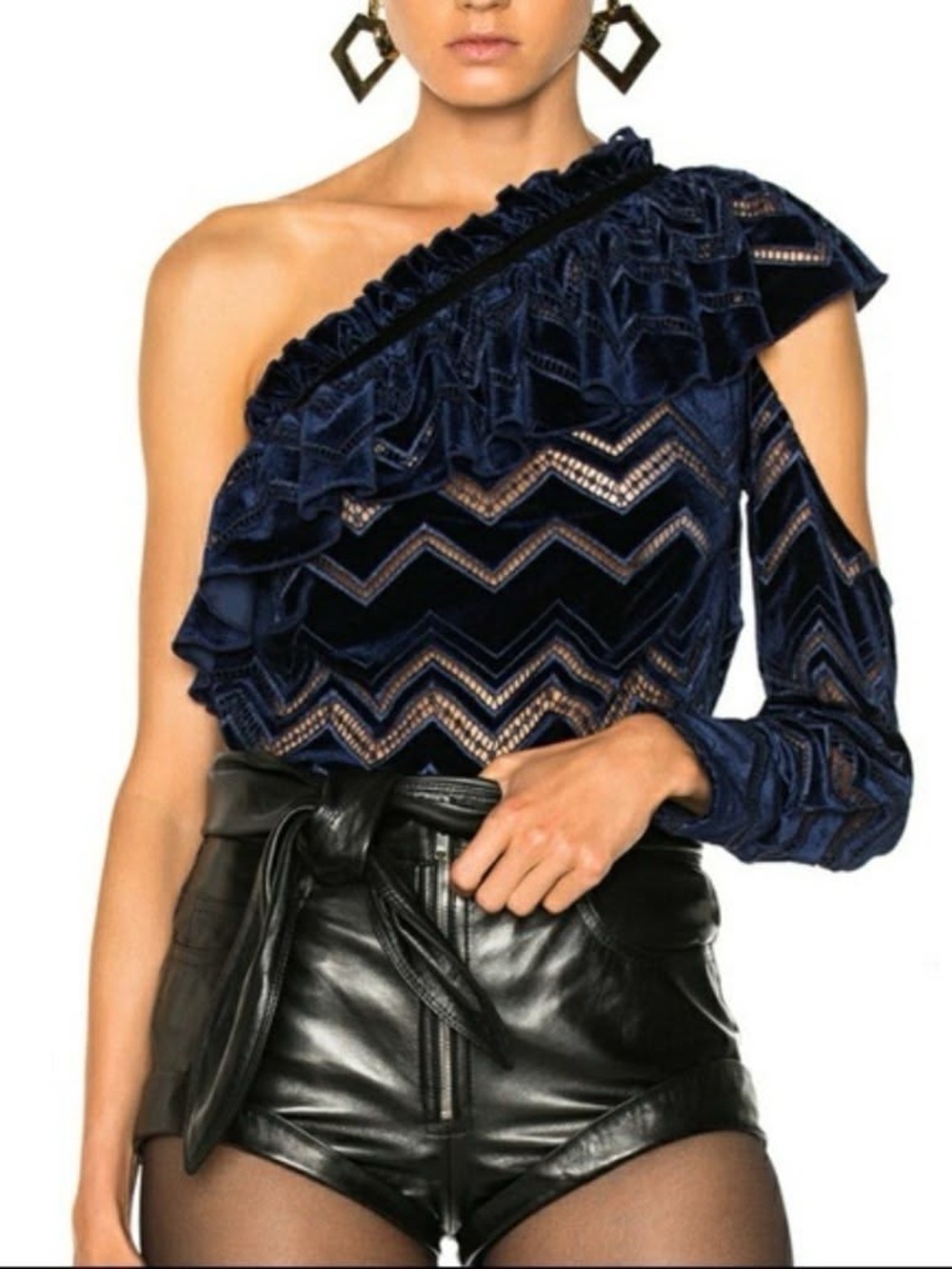 SELF-PORTRAIT Blue Zigzag Embroidered
Velvet Top